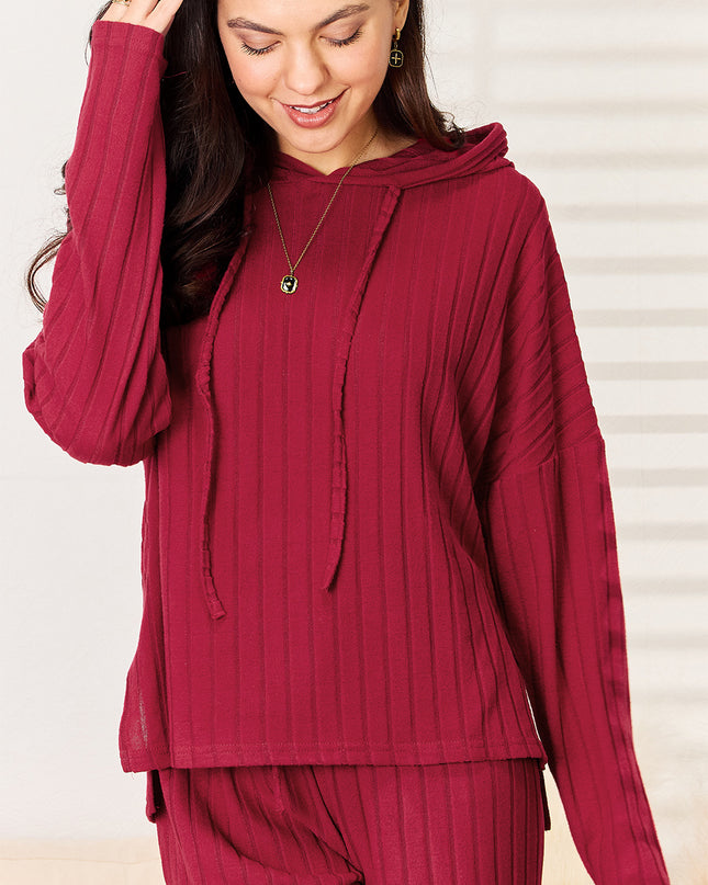 Basic Bae Full Size Ribbed Drawstring Hood Top and Straight Pants Set