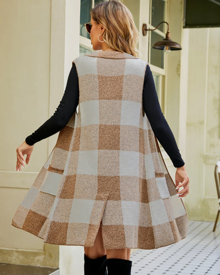 Plaid Lapel Collar Sleeveless Cardigan