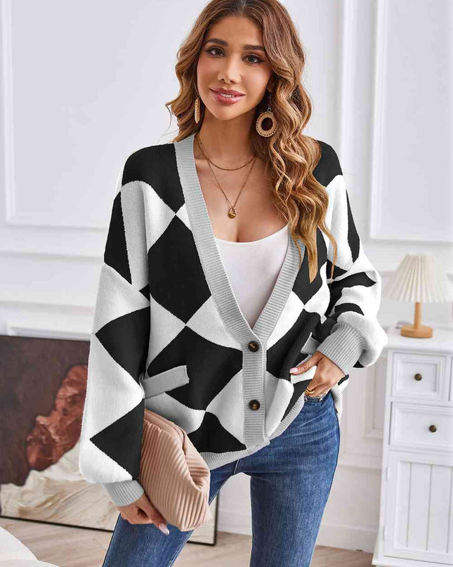 Geometric Lantern Sleeve Cardigan with Pockets