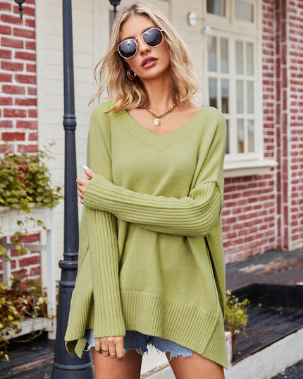 V-Neck Slit Exposed Seam Sweater