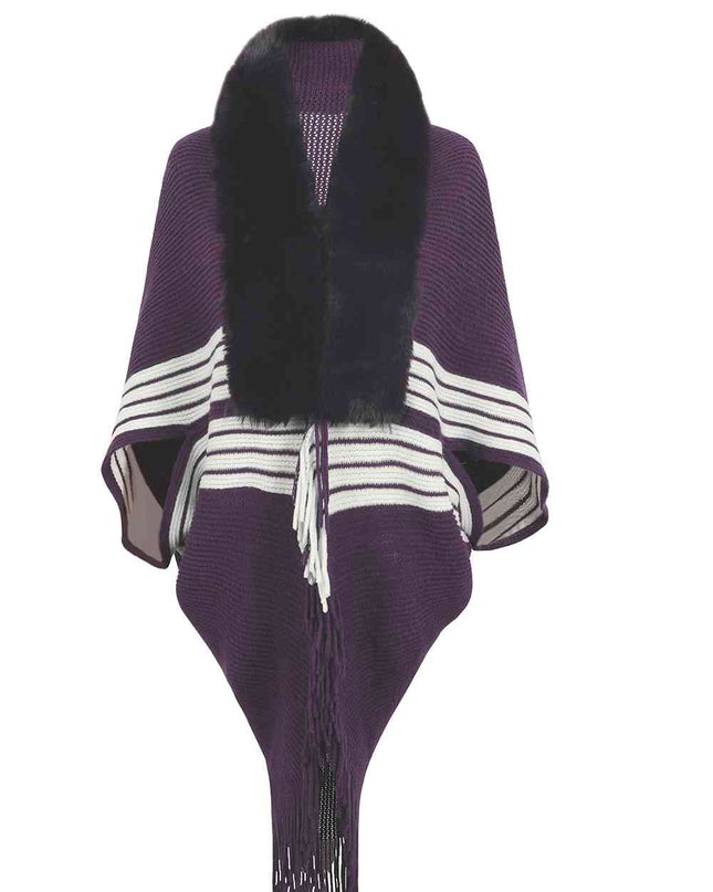 Striped Fringe Detail Long Sleeve Poncho
