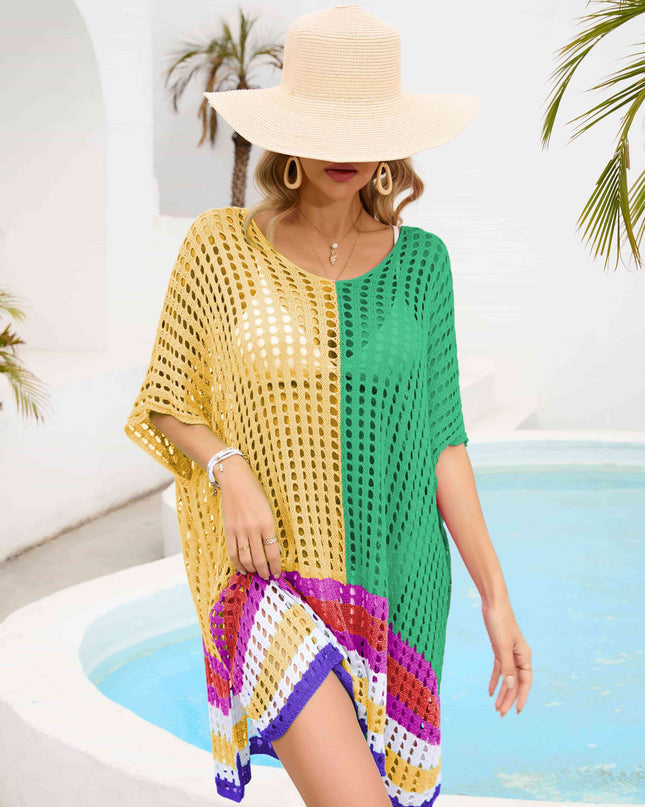 Contrast Scoop Neck Openwork Half Sleeve Cover Up