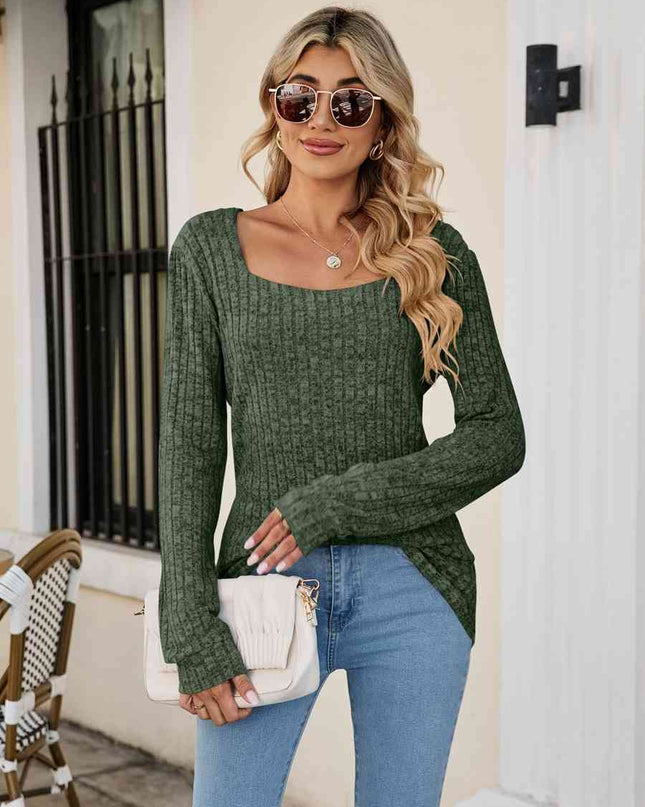 Square Neck Ribbed Long Sleeve T-Shirt