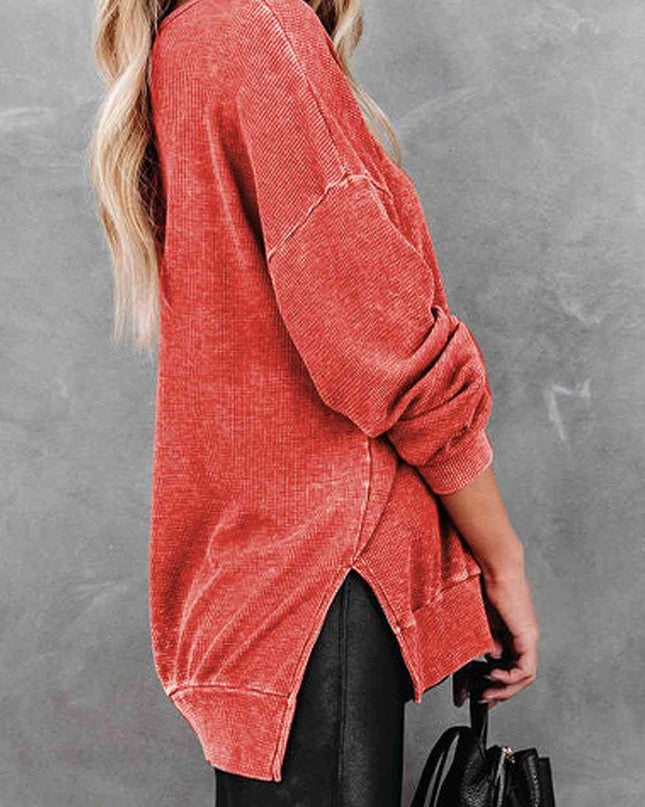 Waffle Knit Side Slit Drop Shoulder Sweatshirt
