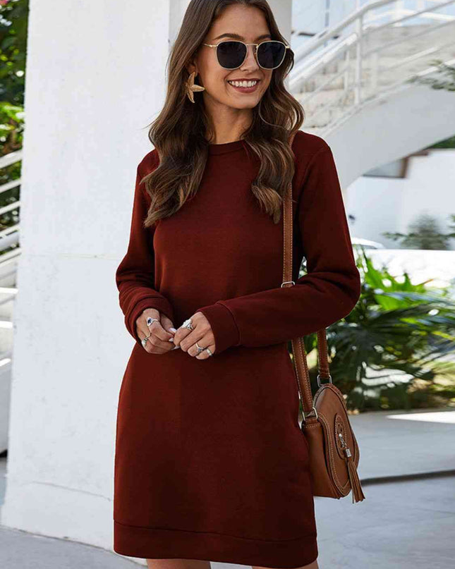 Round Neck Long Sleeve Mini Dress with Pockets