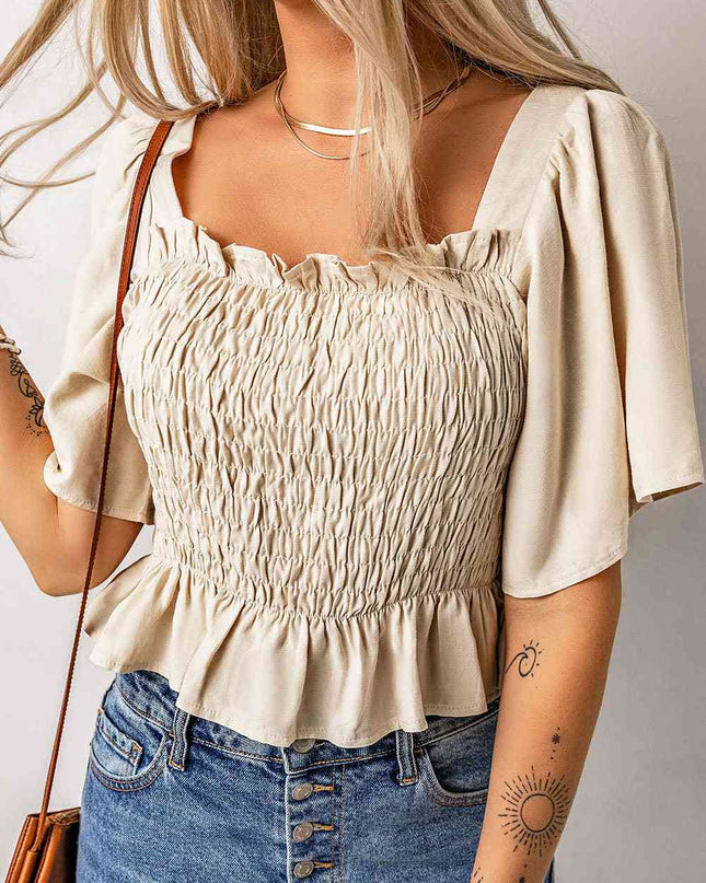Smocked Frill Trim Peplum Top