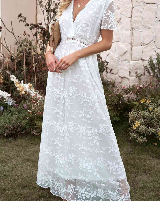 Embroidered Short Sleeve Surplice Neck Maxi Dress