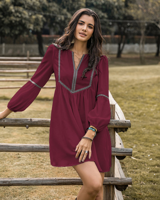 Notched Balloon Sleeve Mini Dress