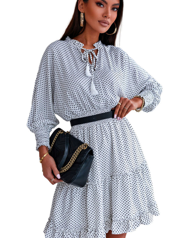 Polka Dot Tassel Tie Ruffle Hem Dress