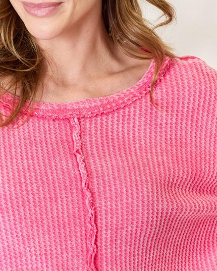 Zenana Washed Waffle-Knit Long Sleeve Top