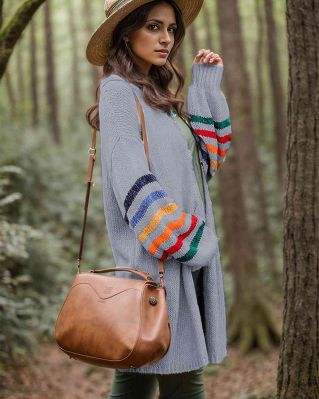 Striped Open Front Long Sleeve Cardigan