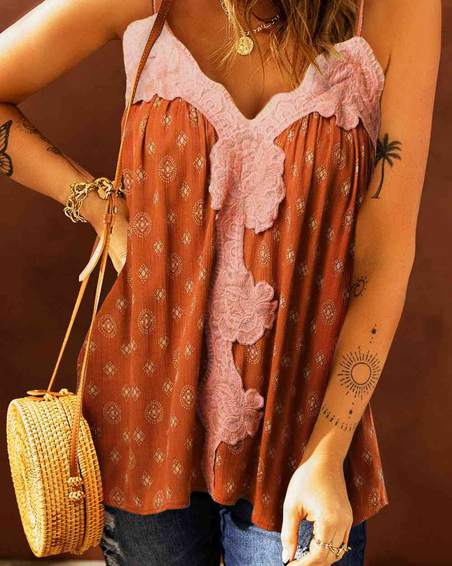 Printed Contrast Lace Trim Cami Top