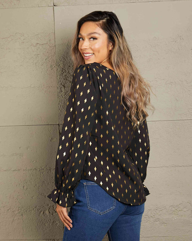 Double Take Printed Round Neck Flounce Sleeve Blouse