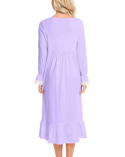Lace Detail Square Neck Flounce Sleeve Night Dress