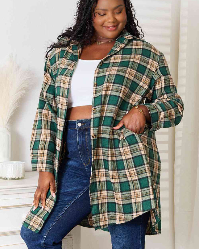 Double Take Plaid Collared Neck Long Sleeve Shirt