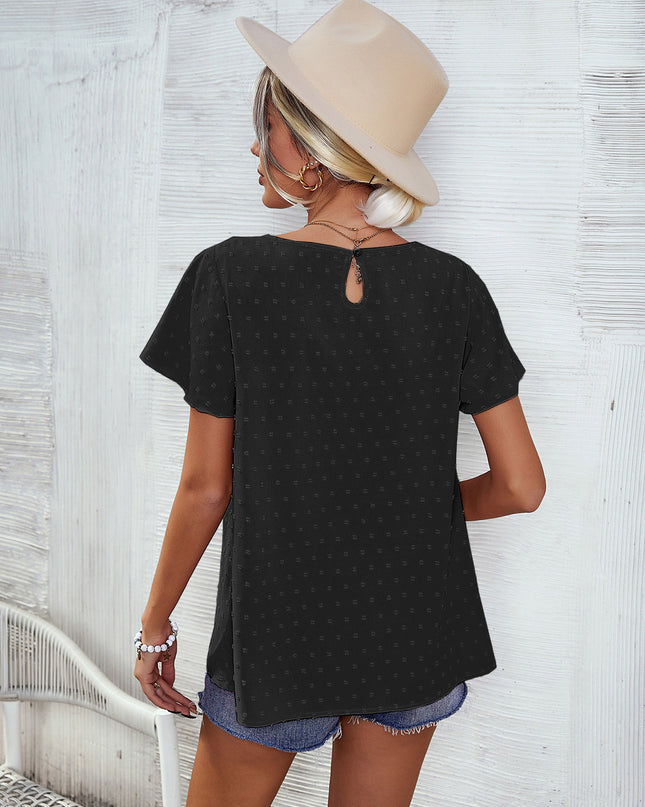 Swiss Dot Round Neck Flutter Sleeve Blouse
