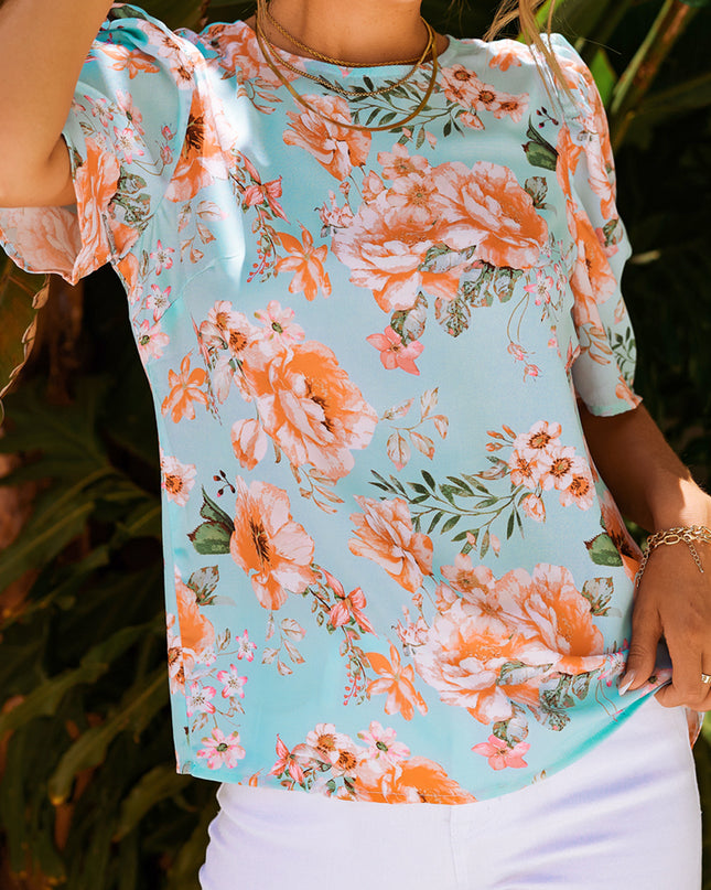 Summer Lover Floral Puff Sleeve Round Neck Blouse