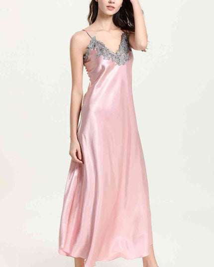 Full Size Lace Trim V-Neck Spaghetti Strap Satin Night Dress