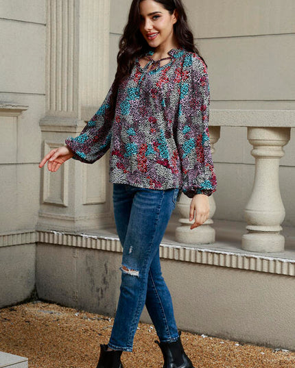 Tie Neck Heathered Balloon Sleeve Blouse