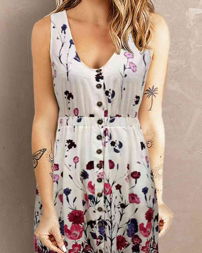 Double Take Scoop Neck Buttoned Sleeveless Magic Dress with Pockets