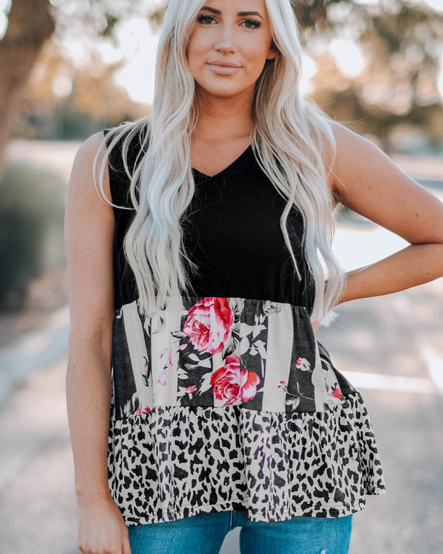 Leopard Floral Color Block V-Neck Tank Top