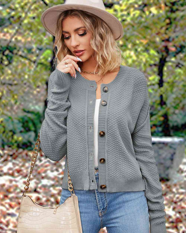 Button Up Round Neck Drop Shoulder Cardigan