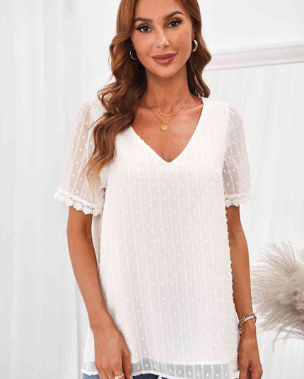 Swiss Dot Lace Trim V-Neck Short Sleeve Blouse