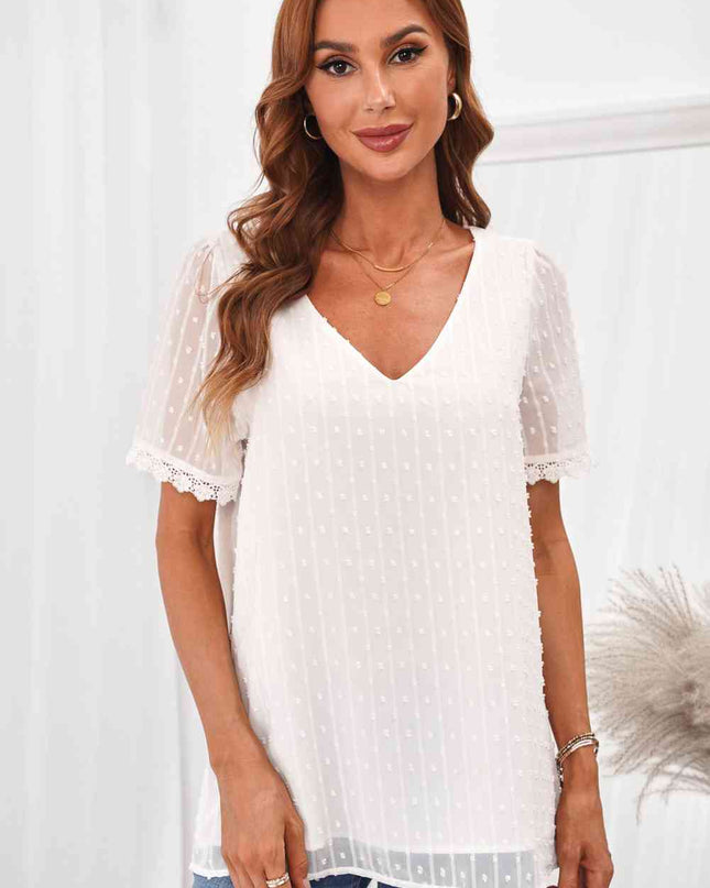 Swiss Dot Lace Trim V-Neck Short Sleeve Blouse