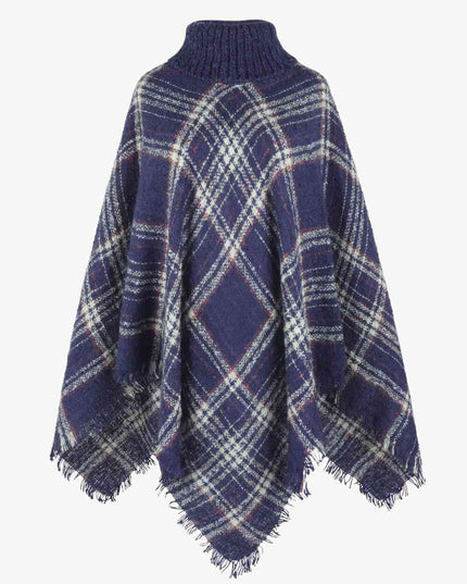 Plaid Turtleneck Fringe Hem Poncho