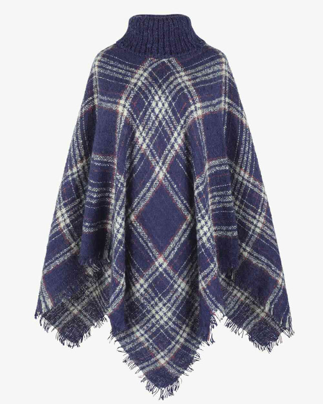 Plaid Turtleneck Fringe Hem Poncho
