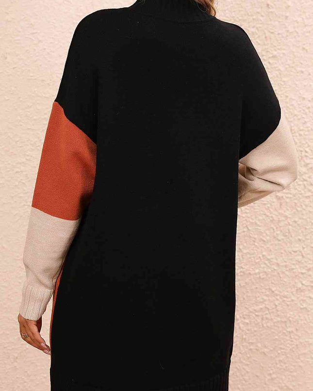 Color Block Mock Neck Dropped Shoulder Sweater Dress