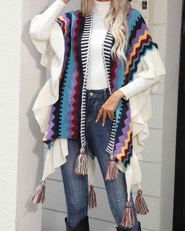 Striped Open Front Poncho with Tassels