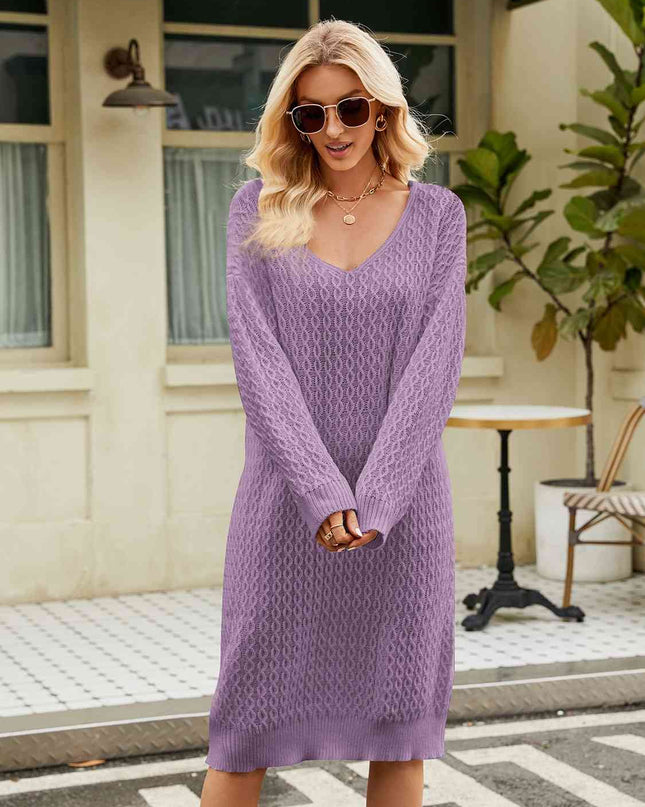 V-Neck Long Sleeve Sweater Dress