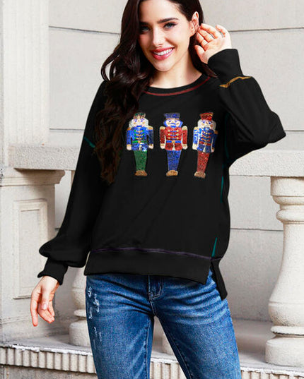 Sequin Nutcracker Round Neck Slit Sweatshirt