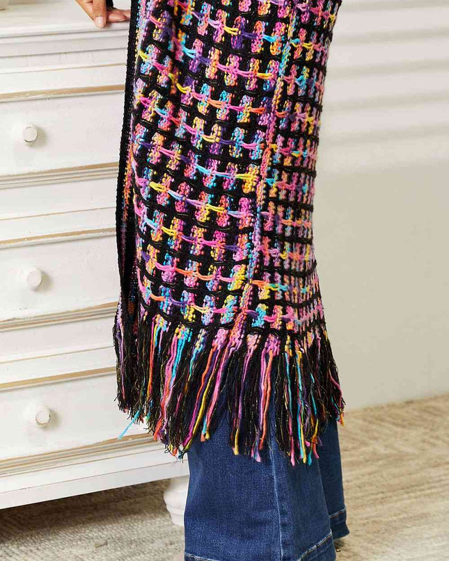 Double Take Full Size Multicolored Open Front Fringe Hem Cardigan