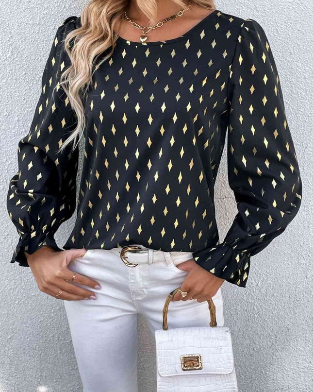 Double Take Printed Round Neck Flounce Sleeve Blouse