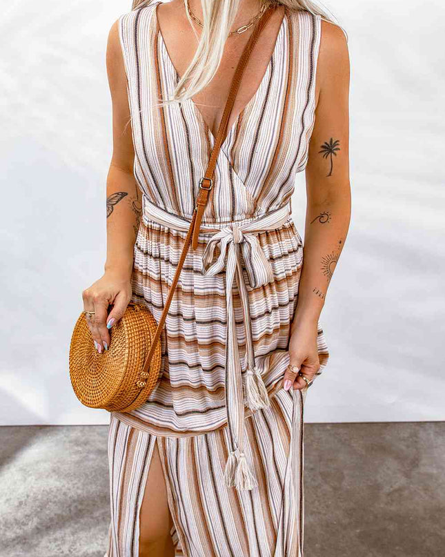 Striped Tie Waist Slit Sleeveless Dress