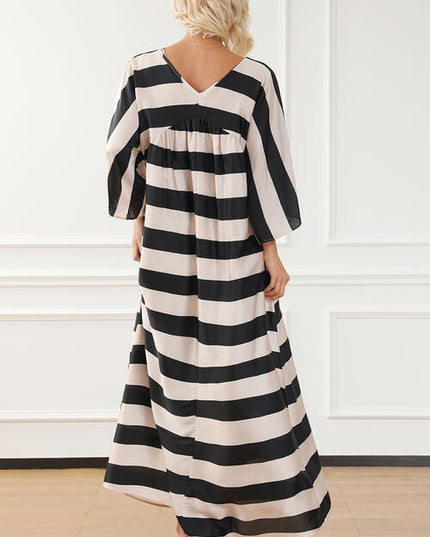 Striped V-Neck Ruched Dress
