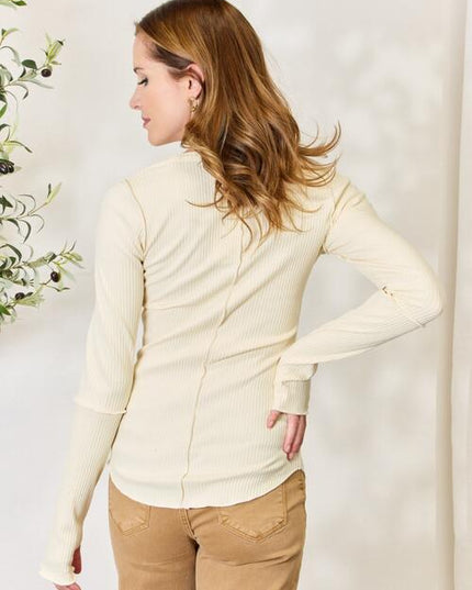 Culture Code Full Size Ribbed Round Neck Long Sleeve Top