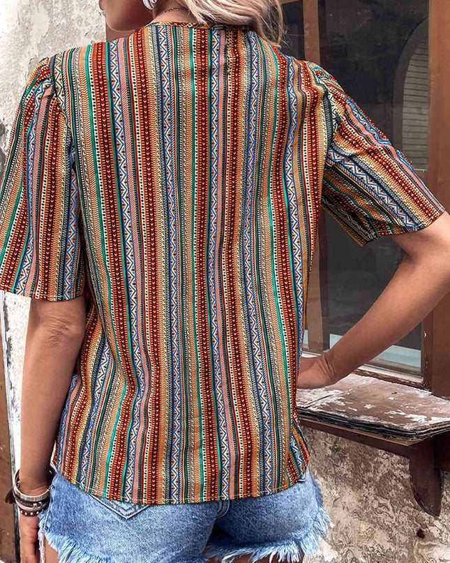 Printed V-Neck Button-Up Short Sleeve Top