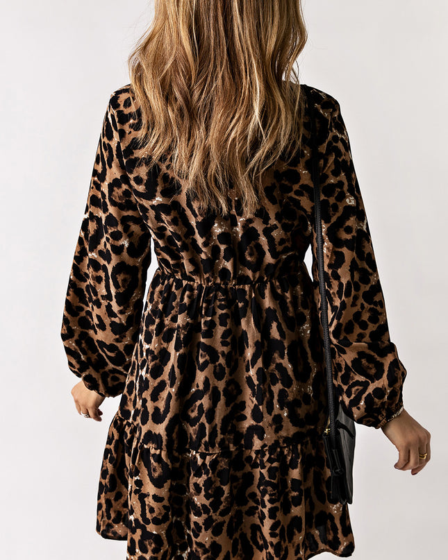 Leopard V-Neck Balloon Sleeve Tiered Dress