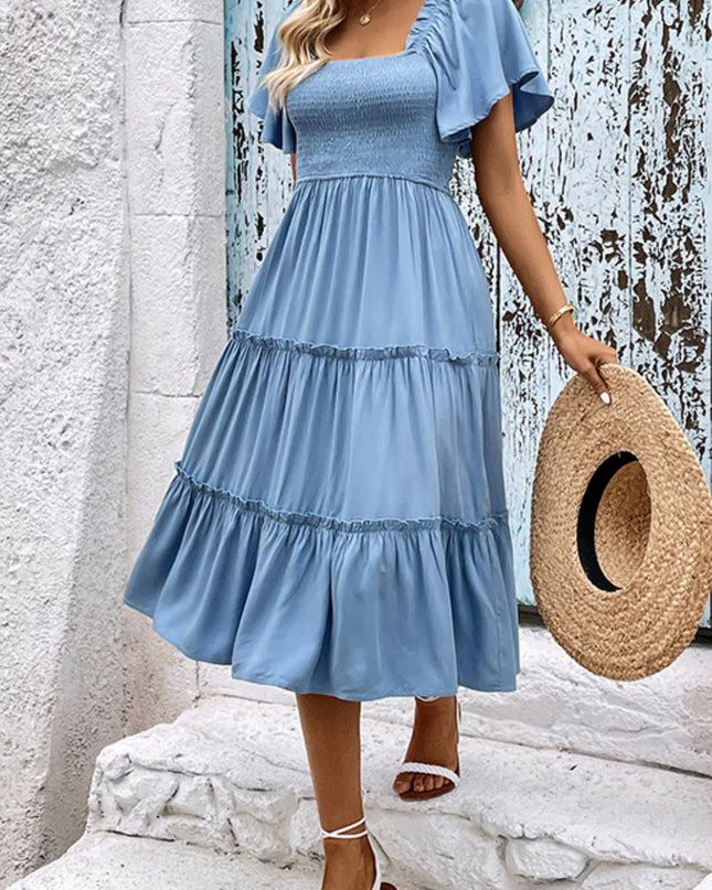 Smocked Square Neck Frill Trim Dress