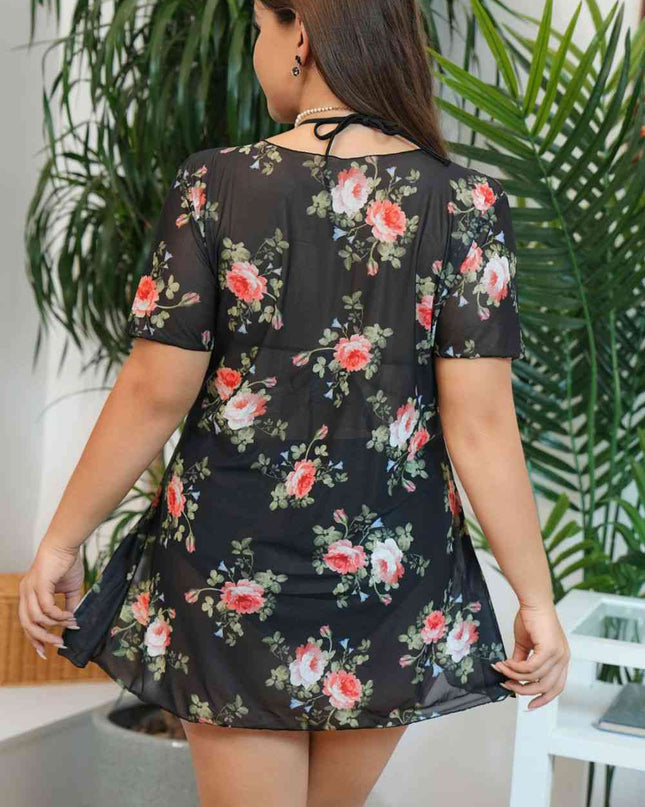 Plus Size Floral Slit Three-Piece Swim Set