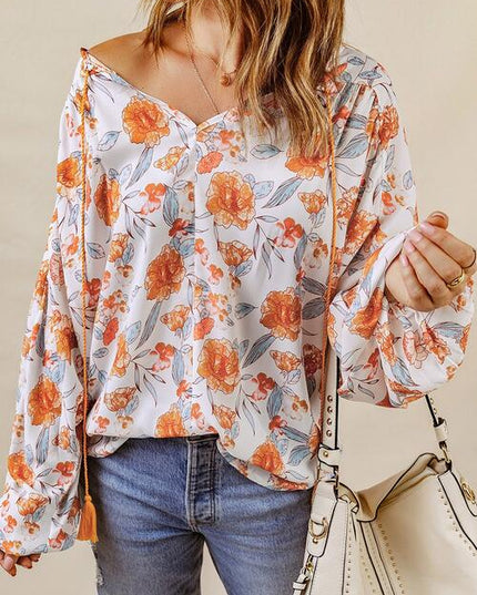 Floral Tie Neck Balloon Sleeve Blouse