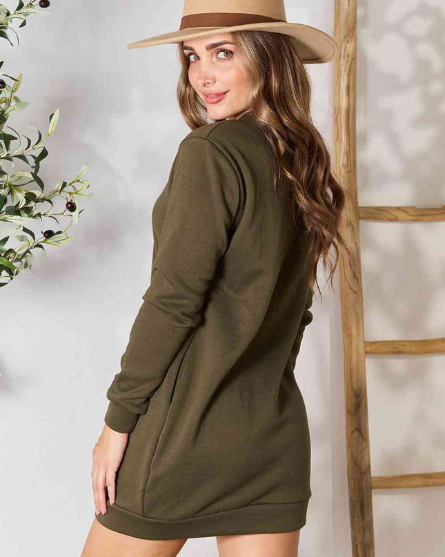Double Take Round Neck Long Sleeve Mini Dress with Pockets