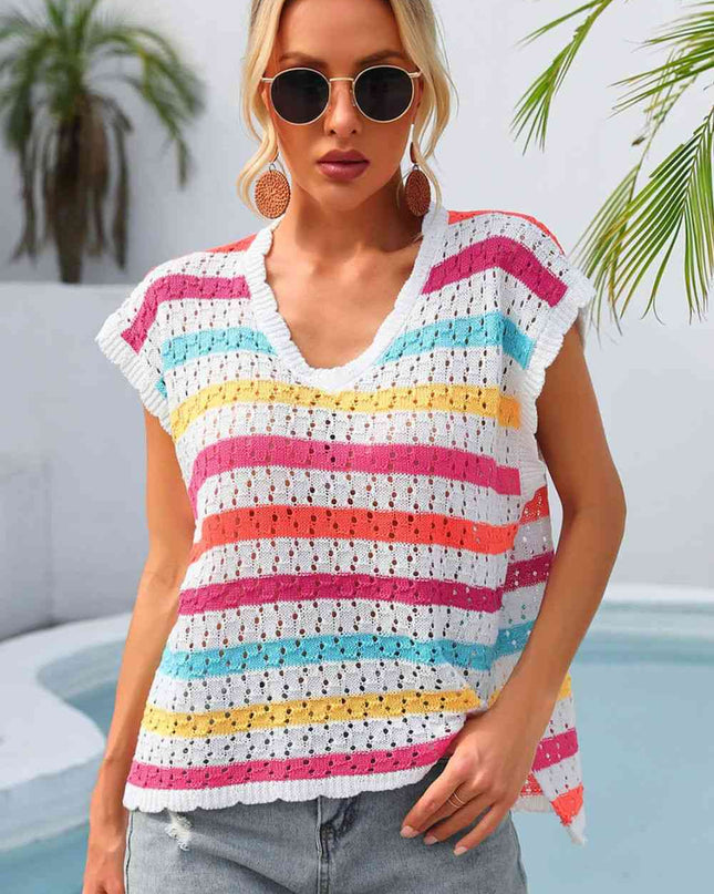Striped V-Neck Slit Cover Up