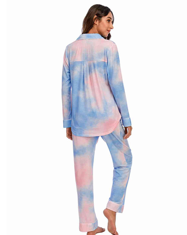 Collared Neck Long Sleeve Loungewear Set with Pockets