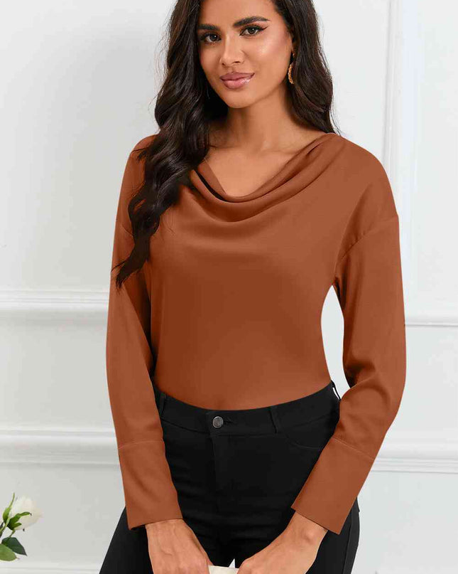 Cowl Neck Dropped Shoulder Long Sleeve Back Tie Blouse