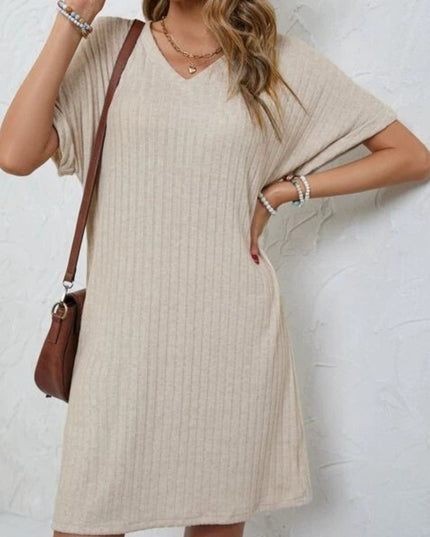 Ribbed V-Neck Short Sleeve Dress