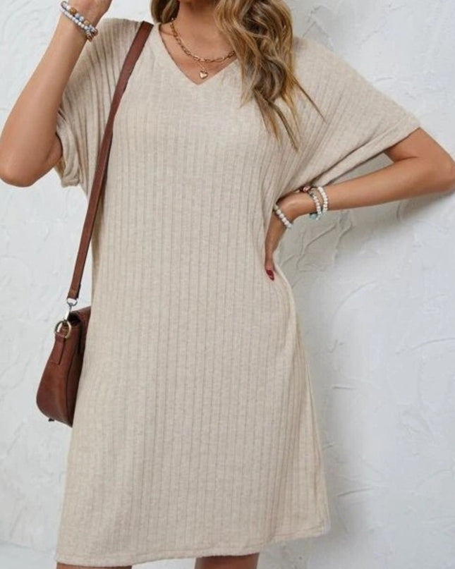 Ribbed V-Neck Short Sleeve Dress